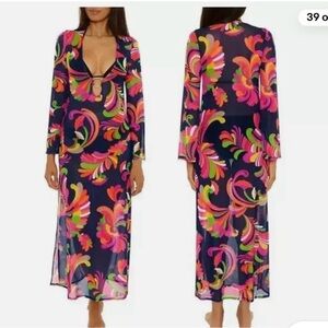 NWT Trina Turk Paradise Mesh Cover Up Maxi Dress, Navy Floral, Size S